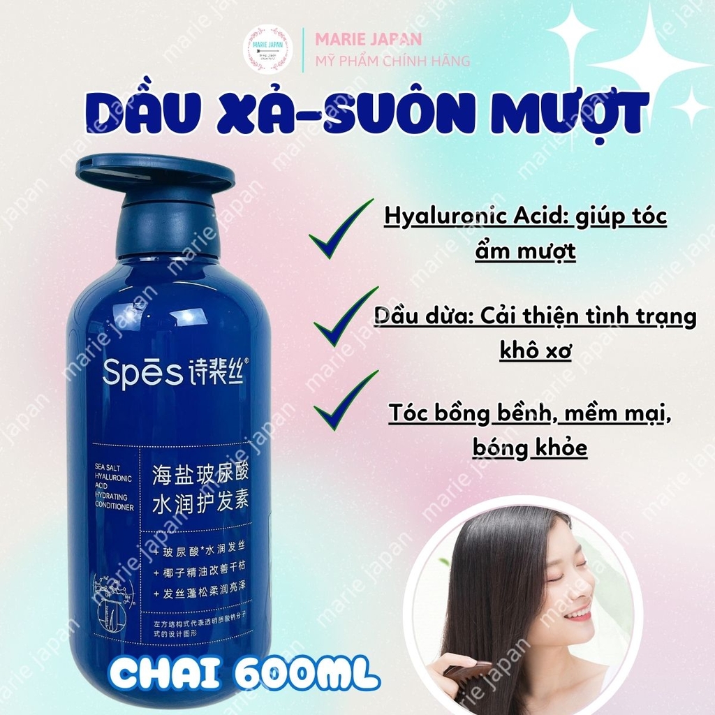 Dầu Gội Xả Spes Axit Hyaluronic Muối Biển Sạch Sâu Kiềm Dầu Dưỡng Ẩm Phục Hồi Tóc Bồng Bềnh Chai 600ml
