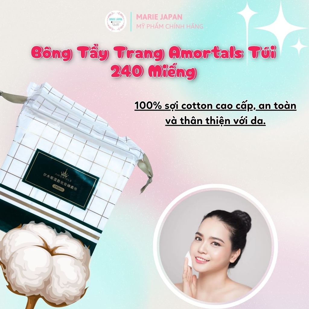 Bông Tẩy Trang Amortals Mềm Mịn Không Xơ Bông Thấm Hút Tốt An Toàn Cho Da Túi 240 Miếng