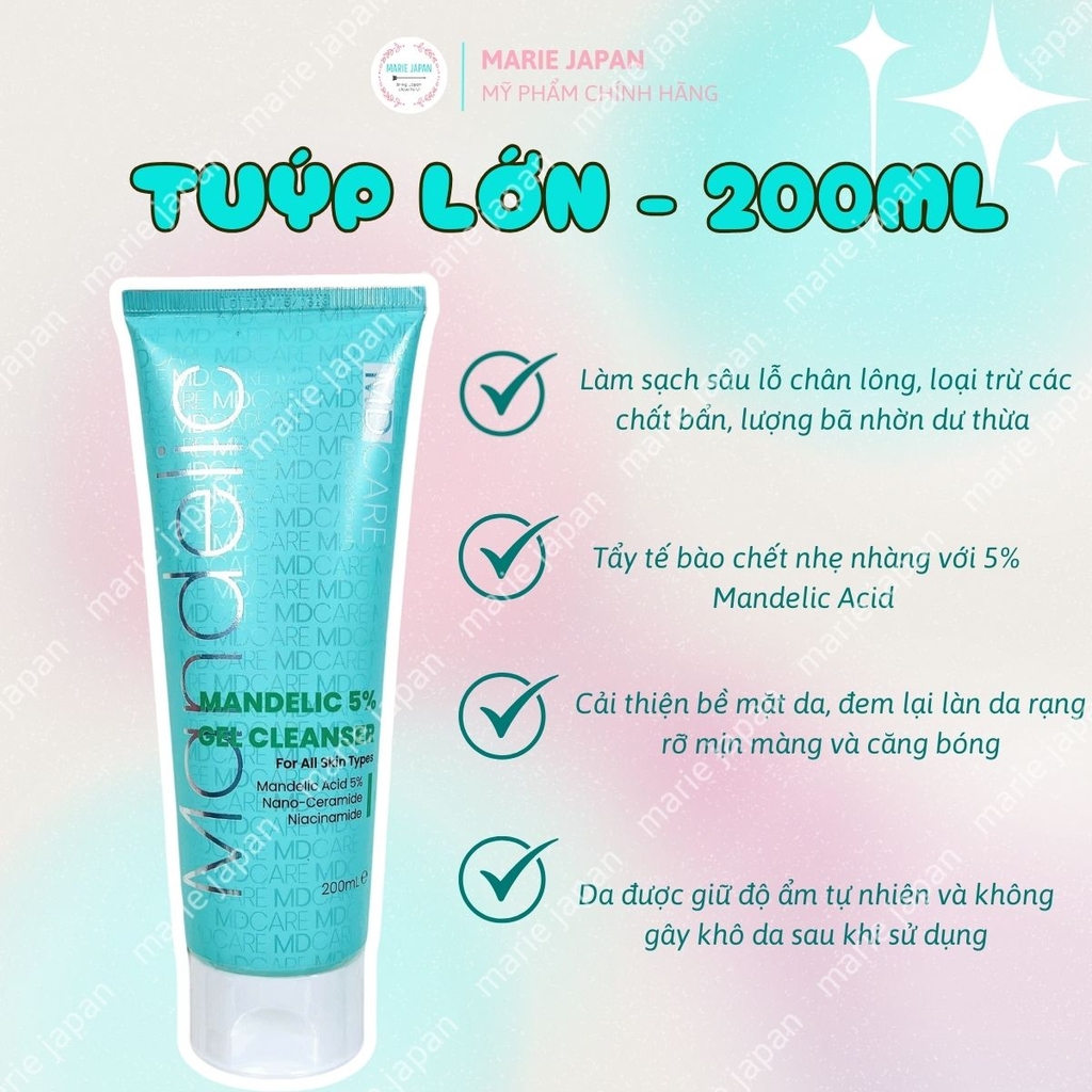 Sữa Rửa Mặt MD Care Mandelic 5% Gel Cleanser Sạch Sâu Giảm Mụn Dưỡng Sáng Da