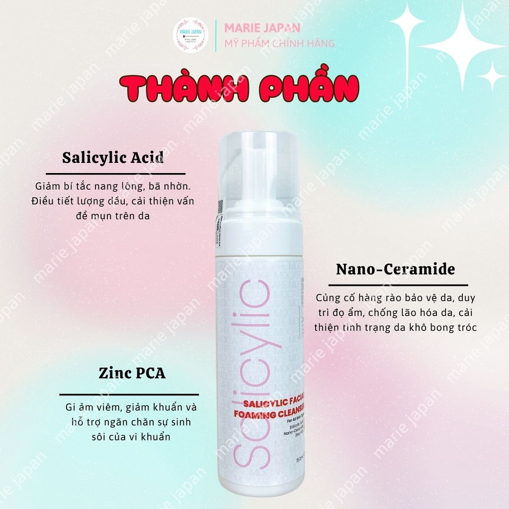 Sữa Rửa Mặt MD CARE  BHA Dạng Bọt Sạch Sâu Kiềm Dầu Giảm Mụn Cho Da Dầu Mụn Nhạy Cảm 150ml