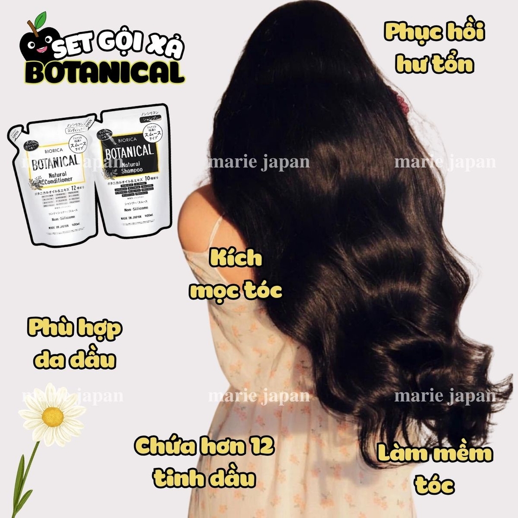 Set Gội Xả Hatomugi Botanical BIORICA Không Silicone Giảm Rụng Tơi Mềm Kích Mọc Tóc Nhật Bản 400ml