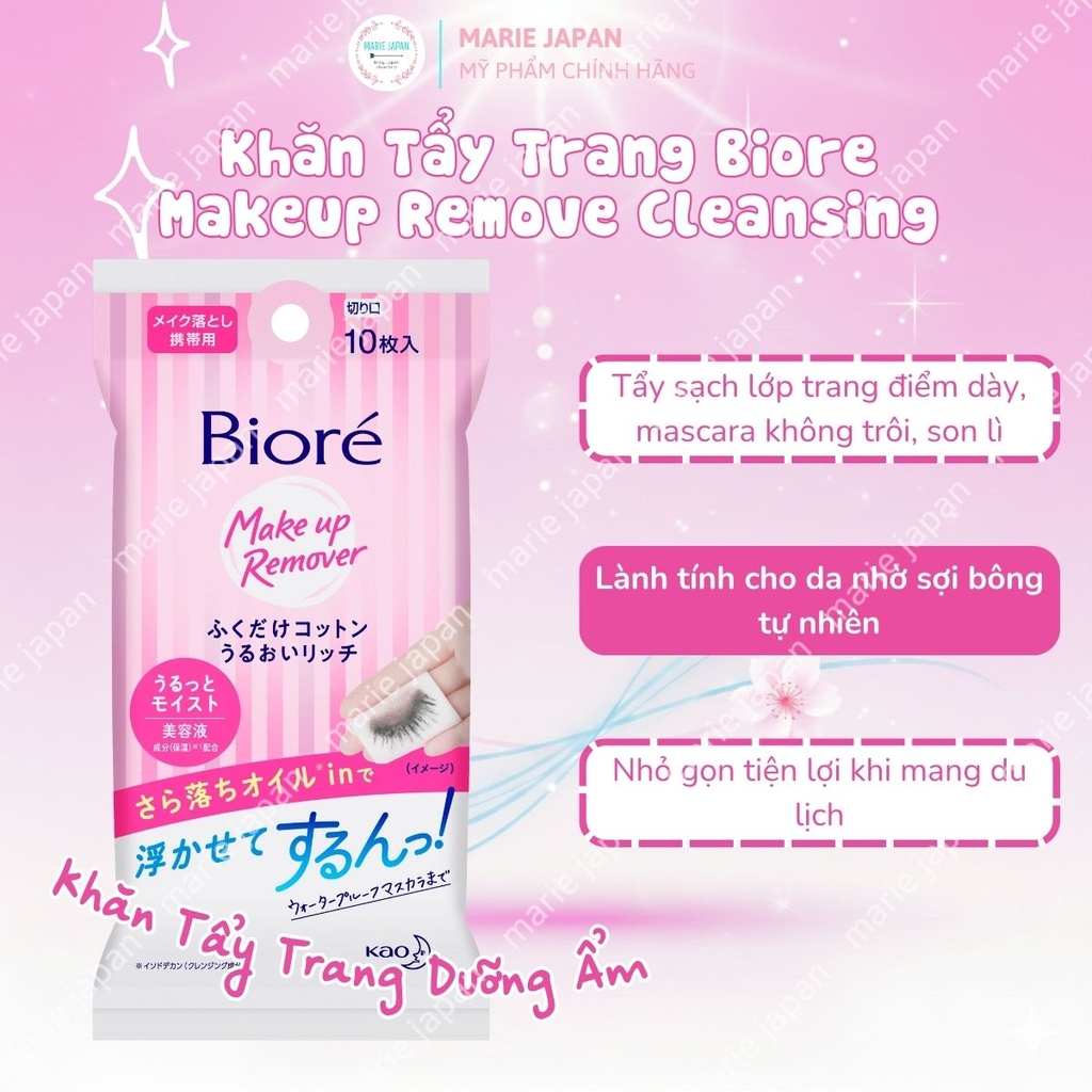 Khăn Tẩy Trang Biore Dưỡng Ẩm Sạch Da Makeup Remove Cleansing  Nhật Bản Túi 10 Miếng