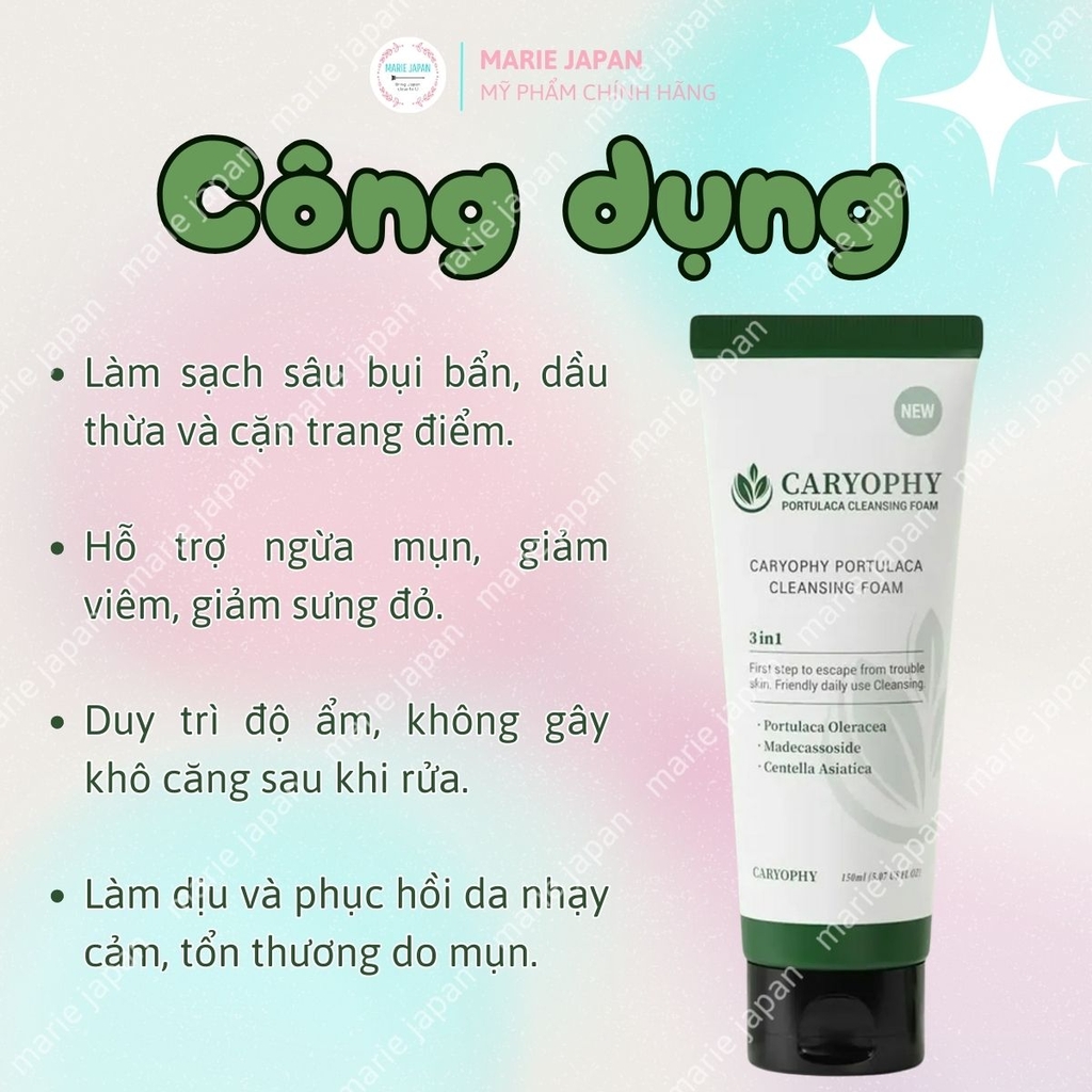 Sữa Rửa Mặt Caryophy Portulaca Cleansing Foam Sạch Sâu Ngăn Ngừa Mụn Kiềm Dầu Hàn Quốc Tuýp 150ml