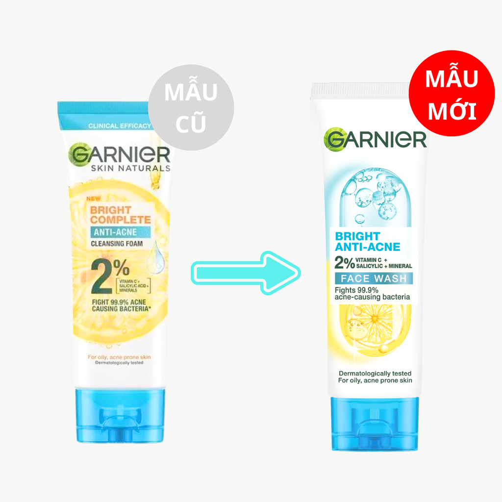 Sữa Rửa Mặt Garnier 3in1 Giảm Mụn Dưỡng Sáng Da Bright Complete Anti-Acne MẪU MỚI Pháp 100ml