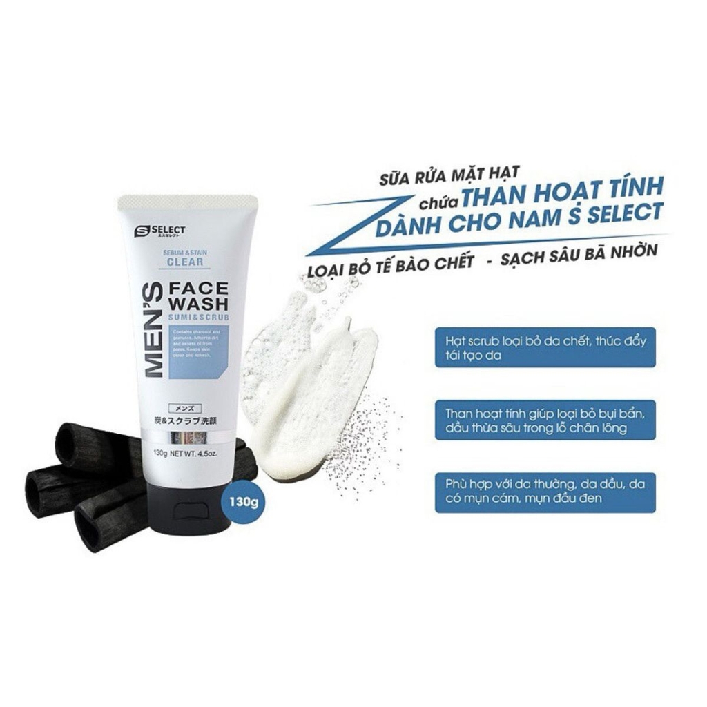 Sữa Rửa Mặt Nam S Select Có Hạt Chứa Than Hoạt Tính Tẩy Da Chết Sạch Sâu Loại Bỏ Bã Nhờn Nhật Bản 130g