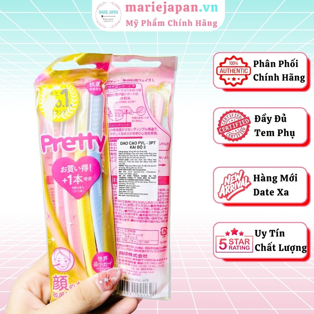 Set 3 Dao Cạo Lông Mày Kai Pretty Cao Cấp Lưỡi Thép Không Gỉ Nhật Bản - MẪU MỚI SET 3 TẶNG 1