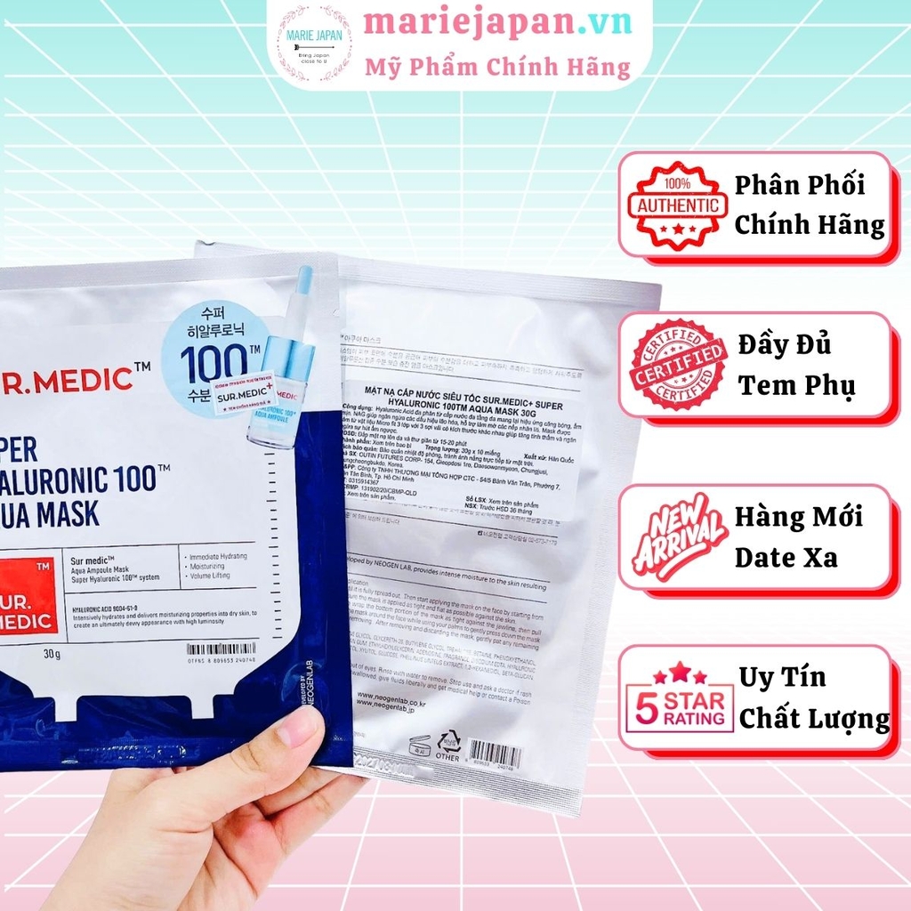 Mặt Nạ SURMEDIC Super Hyaluronic 100TM Aqua Mask Siêu Cấp Nước Cho Da Hàn Quốc 30g