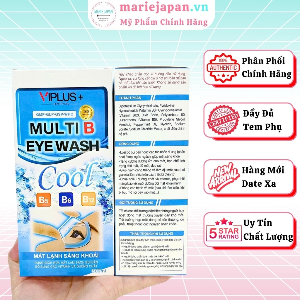 Nước Rửa Mắt VIPLUS+ Loại Bỏ Bụi Bẩn Dưỡng Ẩm Làm Dịu Mắt Multi B Eye Wash 300ml - TẶNG MẶT NẠ XÔNG HƠI MẮT