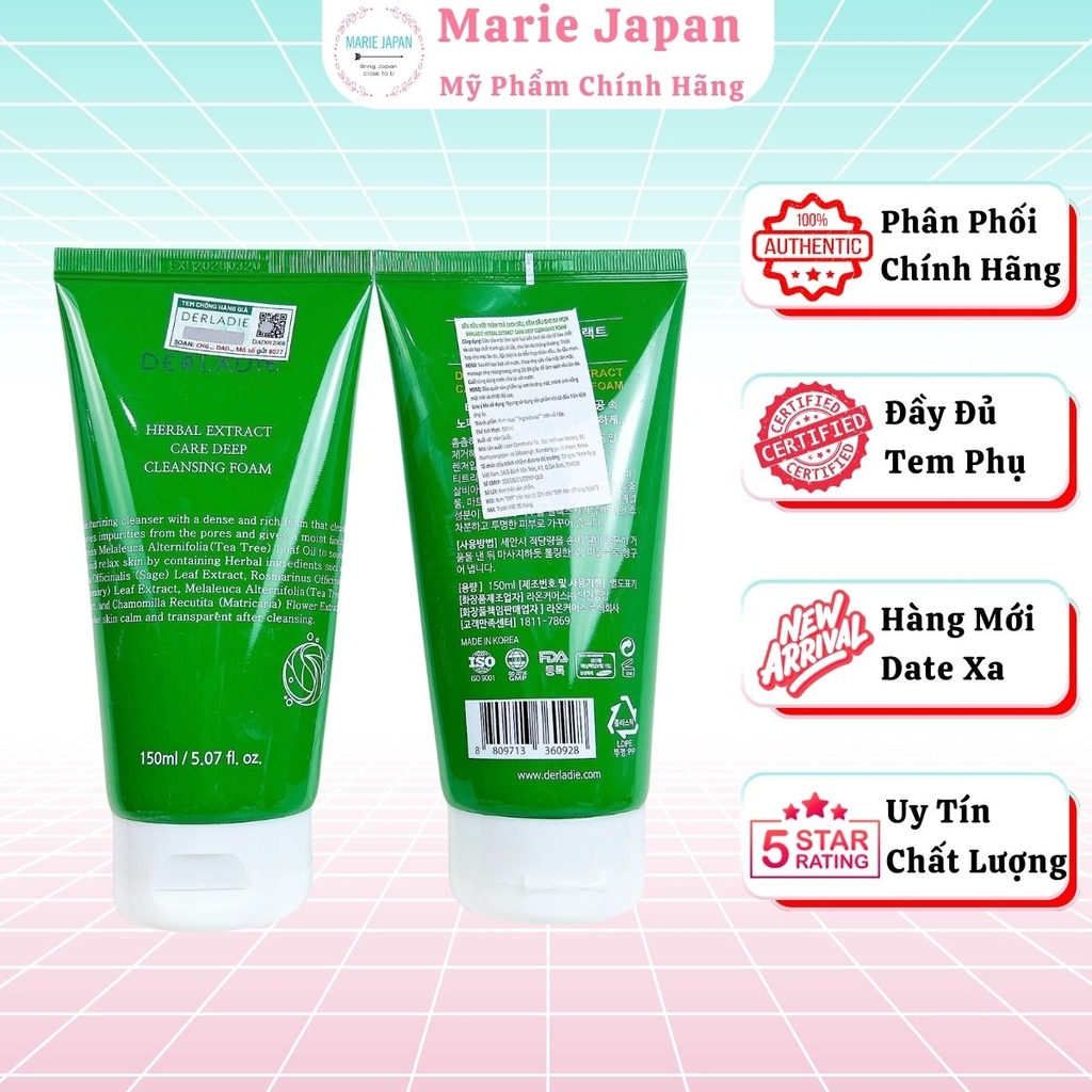 Sữa Rửa Mặt Tràm Trà Derladie Herbal Extract Care Deep Cleansing Foam Sạch Sâu Kiềm Dầu Dịu Da Hàn Quốc Tuýp 150ml