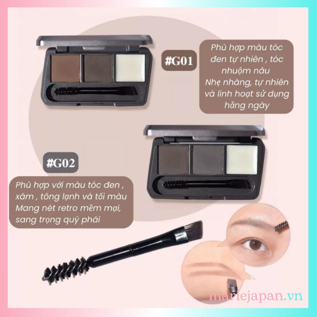 Bột Kẻ Chân Mày GOGO TALES 3 Ô Bền Màu Chống Thấm Nước Eyebrow Powder Kèm Cọ Vẽ 2 Đầu GT583