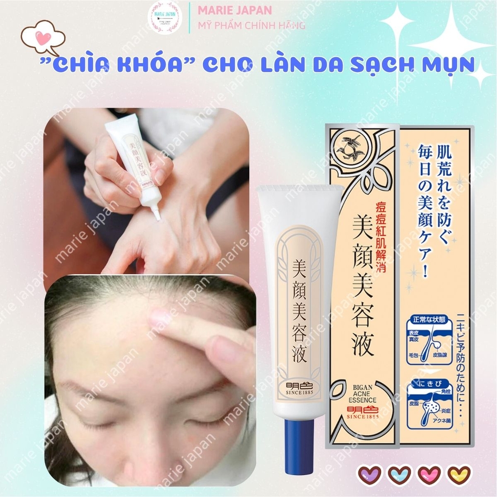 Serum Giảm Mụn Meishoku Bigan Xẹp Mụn Giảm Sưng Viêm Mờ Thâm Nhật Bản Acne Essence Túyp 15g - TẶNG 1 SRM GIẢM MỤN MEISHOKU 15G