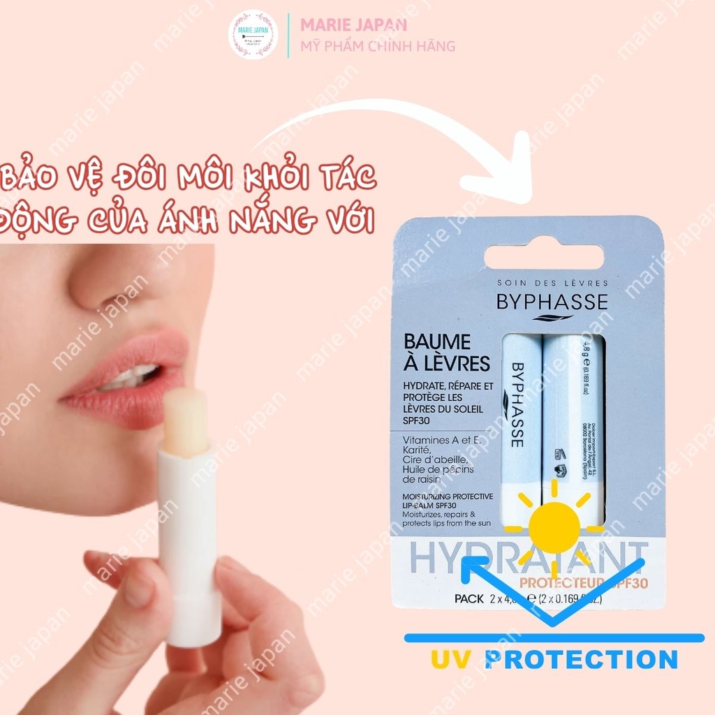 Son Dưỡng Byphasse Protector Lip Balm SPF30 Dưỡng Ẩm Chống Nắng Mờ Thâm Set 2 Son