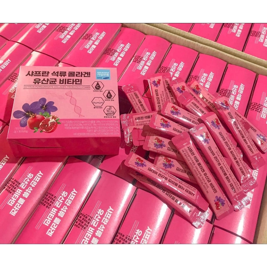 Bột Uống Collagen Lựu Đỏ Nhuỵ Hoa Nghệ Tây Làm Đẹp Da Chống Lão Hóa Hộp 30 Gói