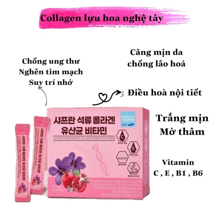 Bột Uống Collagen Lựu Đỏ Nhuỵ Hoa Nghệ Tây Làm Đẹp Da Chống Lão Hóa Hộp 30 Gói