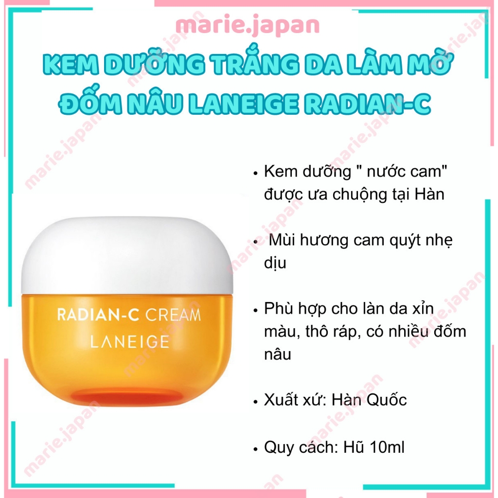 Kem Dưỡng Trắng Da Làm Mờ Đốm Nâu LANEIGE Radian-C Cream - Minisize 10ml