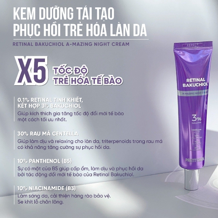 Kem Dưỡng Pretty Skin Retinal Bakuchiol A-Mazing Night Cream Dưỡng Trắng Phục Hồi Tái Tạo Trẻ Hóa Da Giảm Nếp Nhăn 10ml