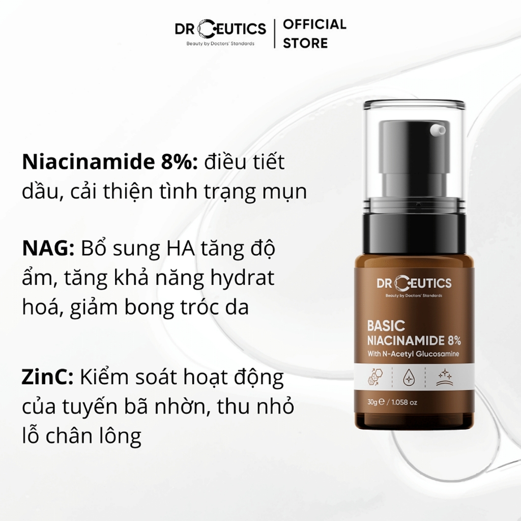 Serum DrCeutics B3 Basic Niacinamide 8% Sáng Da Mờ Thâm Kiềm Dầu Phù Hợp Cho Da Dầu Mụn - Chai 30g