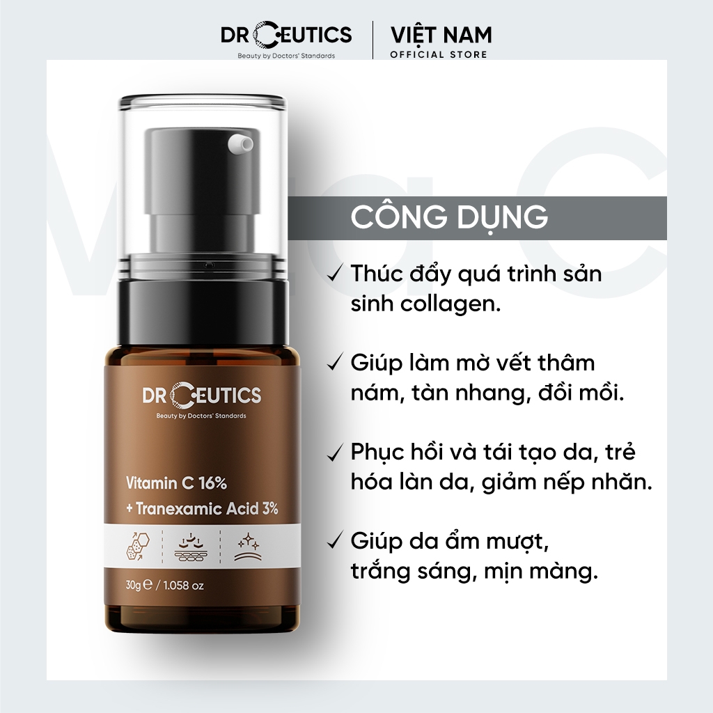 Serum DrCeutics Vitamin C 16% + Tranexamic Acid 3% Dưỡng Sáng Mờ Thâm Nám Chống Lão Hóa Da - Chai 30g