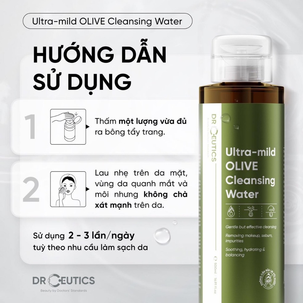 Nước Tẩy Trang DrCeutics Ultra-mild Olive Cleansing Water Lành Tính Dịu Nhẹ Làm Sạch Sâu Dưỡng Ẩm Dành Cho Mọi Loại Da 500ml