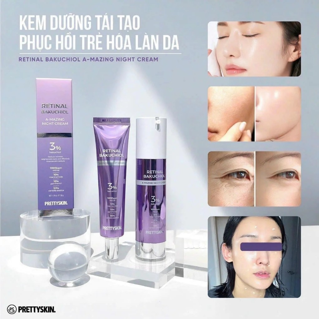 Kem Dưỡng Pretty Skin Retinal Bakuchiol A-Mazing Night Cream Dưỡng Trắng Phục Hồi Tái Tạo Trẻ Hóa Da Giảm Nếp Nhăn 10ml