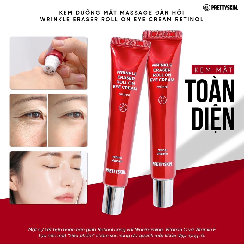 Kem Mắt Pretty Skin Wrinkle Eraser Roll On Eye Cream Retinol Dưỡng Sáng Giảm Thâm Quầng Mắt Làm Mờ Nếp Nhăn Hàn Quốc 30ml