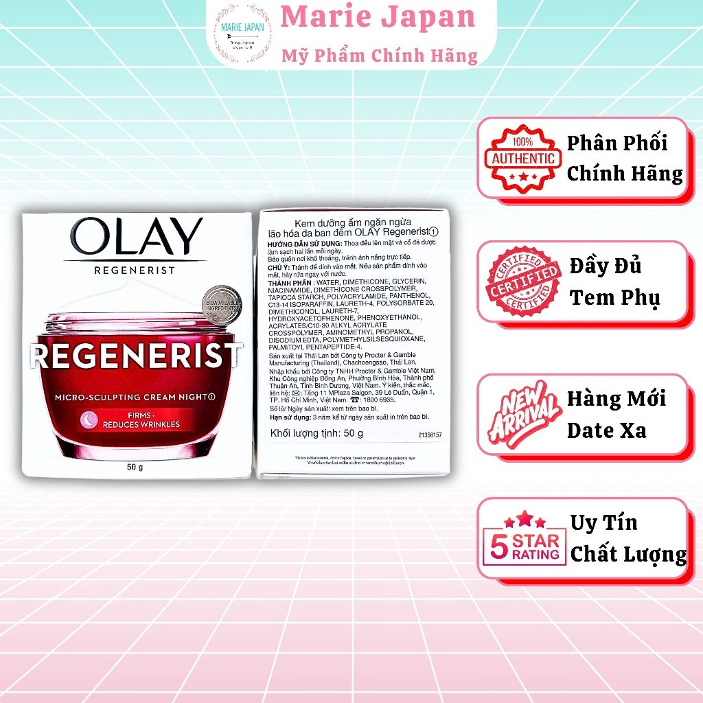 Kem Dưỡng Da Olay Regenerist Ngăn Ngừa Lão Hóa, Mờ Nếp Nhăn Ban Đêm Hộp 50g