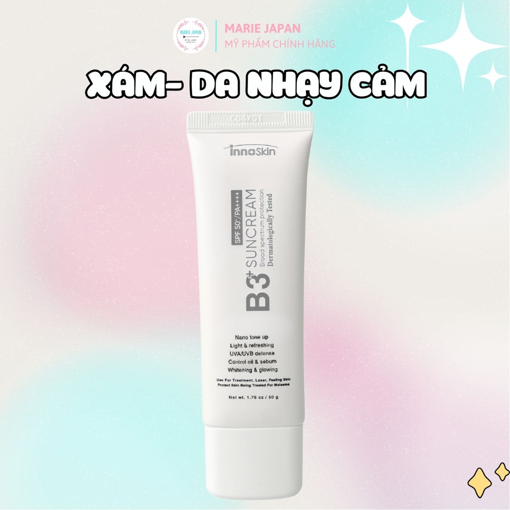 Kem Chống Nắng B3+ Innoskin Suncream SPF50+ PA++++ Dưỡng Sáng Mờ Thâm Kiềm Dầu Hàn Quốc 50g