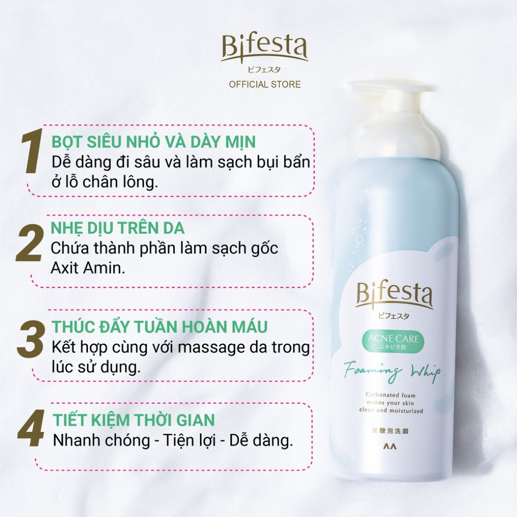 Sữa Rửa Mặt Bifesta Da Dầu Mụn ACNE CARE Tạo Bọt Sạch Sâu Foaming Whip Nhật Bản 180g