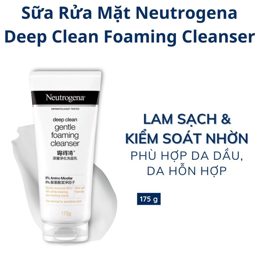 Sữa Rửa Mặt Neutrogena Dịu Nhẹ  Làm Sạch Sâu Da Nhạy Cảm Deep Clean Gentle Foaming - Tuýp Trắng 175g
