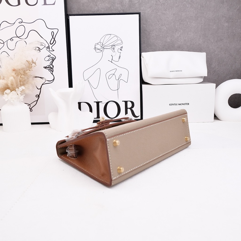 Túi Xách Hermes Remake Korea Kelly Nâu 2 Màu Size 22cm