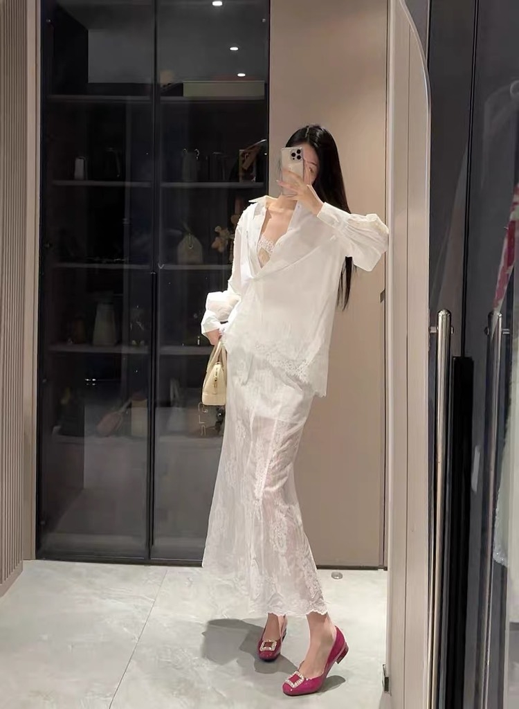 Bộ áo sơ mi chân váy ren trắng cao cấp