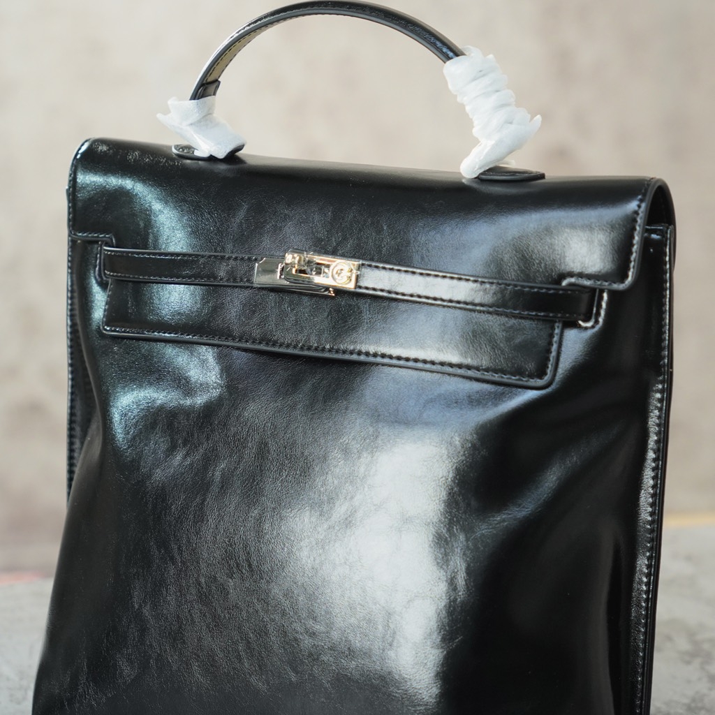 Balo HM Retro Da Bò Trơn 30cm Màu Đen