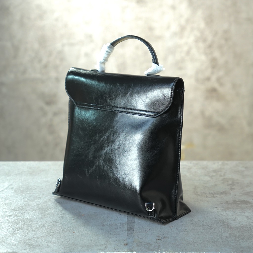 Balo HM Retro Da Bò Trơn 30cm Màu Đen