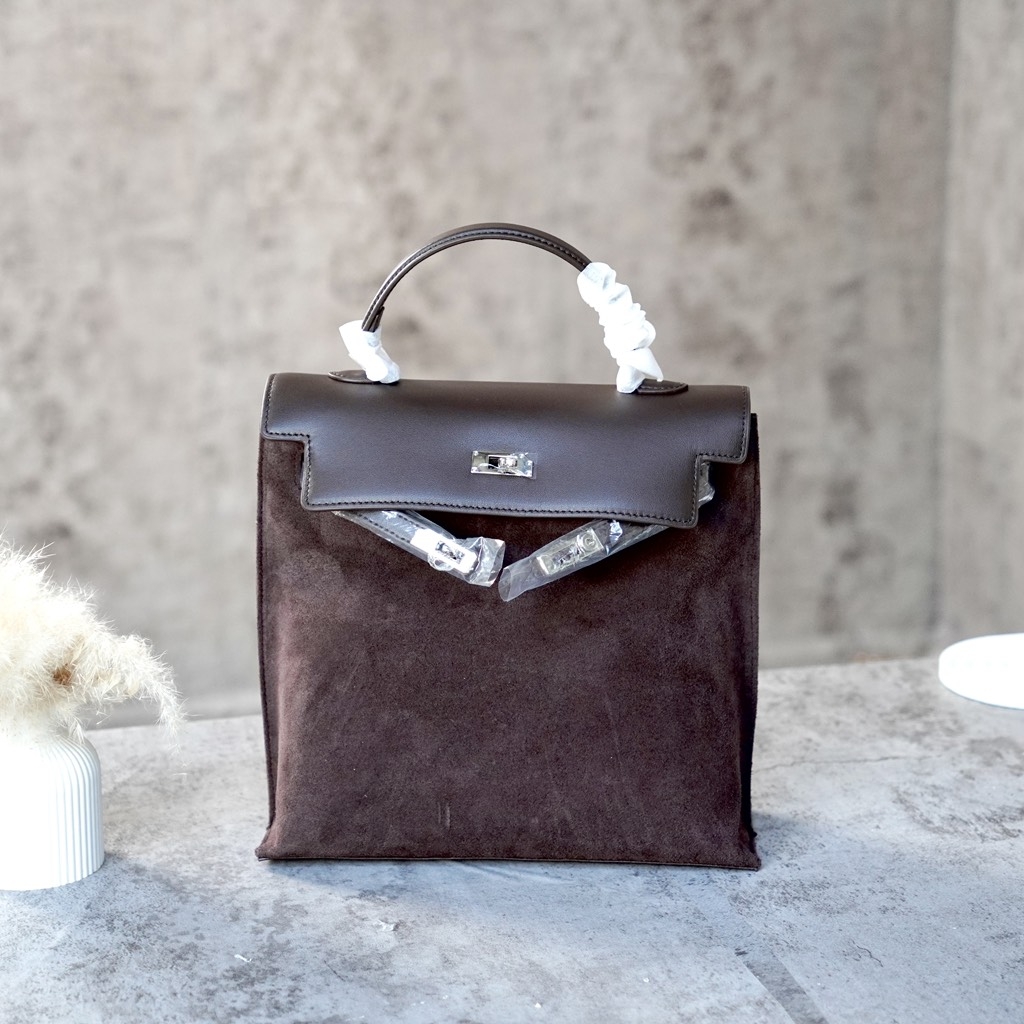 Balo Retro Hàn Quốc Da Lộn Size 26cm Màu Nâu Cafe