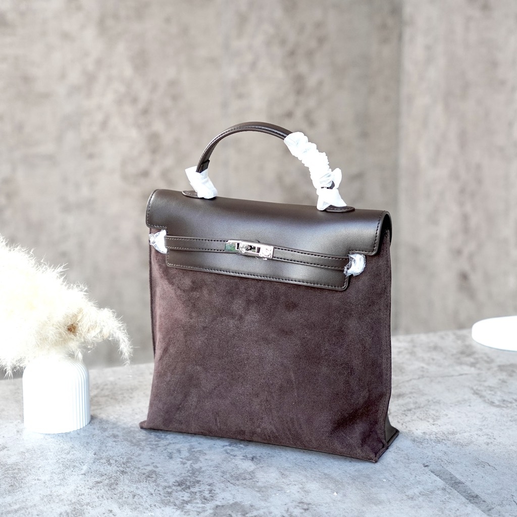 Balo Retro Hàn Quốc Da Lộn Size 26cm Màu Nâu Cafe