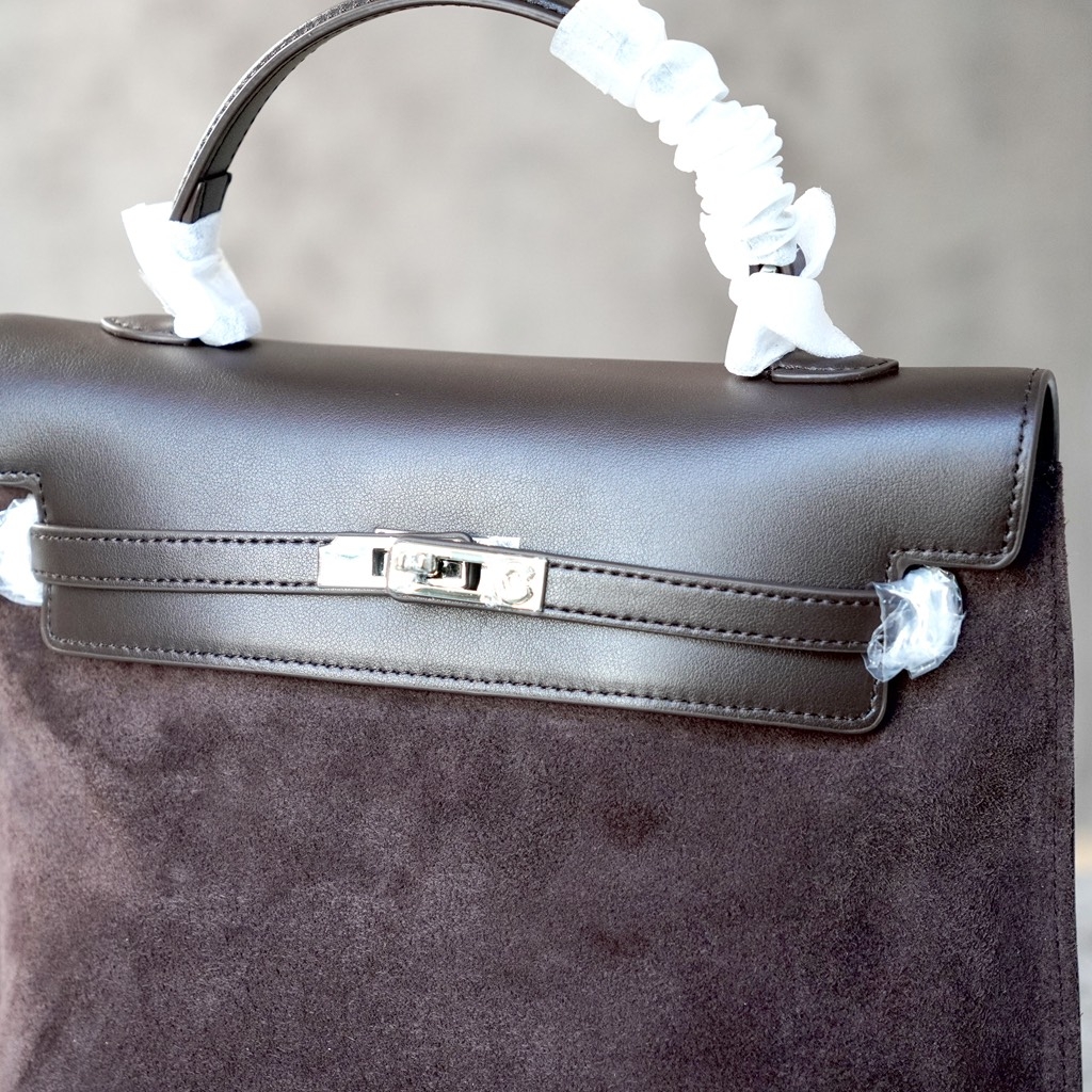 Balo Retro Hàn Quốc Da Lộn Size 26cm Màu Nâu Cafe