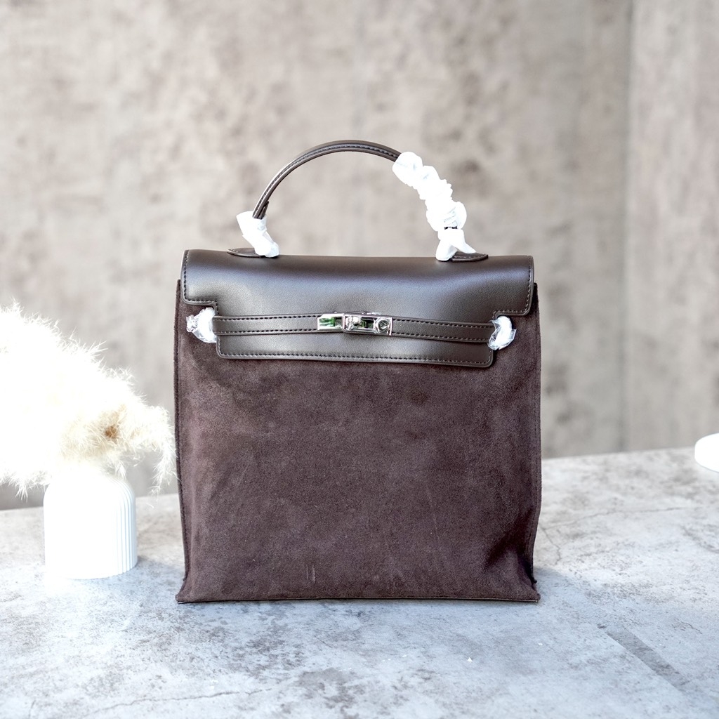 Balo Retro Hàn Quốc Da Lộn Size 26cm Màu Nâu Cafe