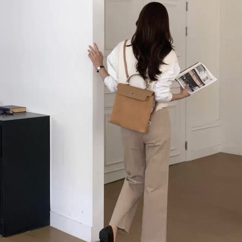 Balo Retro Made In Korea Da Bò 26cm Màu Be