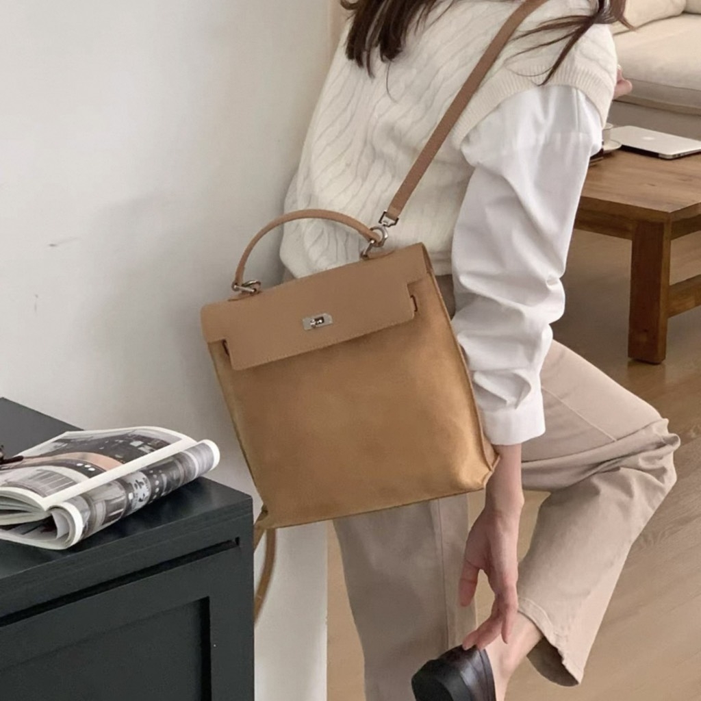 Balo Retro Made In Korea Da Bò 26cm Màu Be