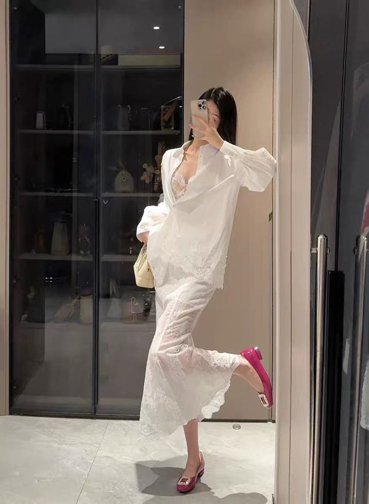 Bộ áo sơ mi chân váy ren trắng cao cấp