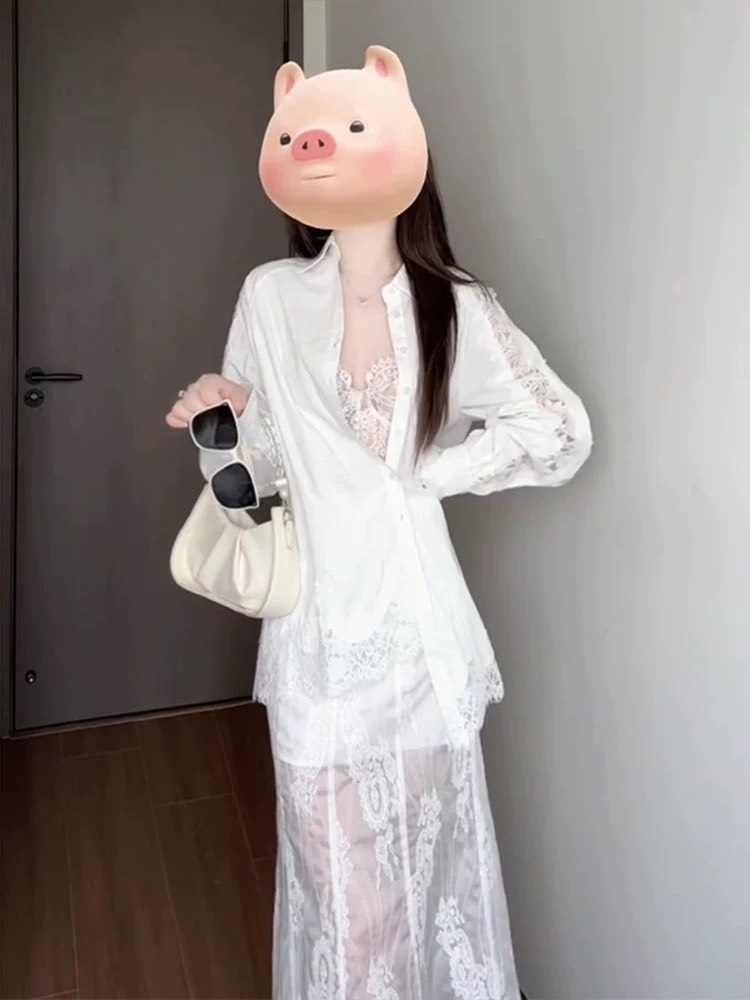 Bộ áo sơ mi chân váy ren trắng cao cấp