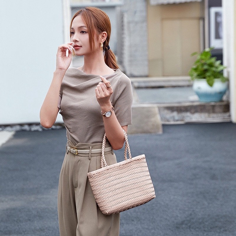 Giỏ Đan Korea Màu Hồng Da Bò Size 26cm