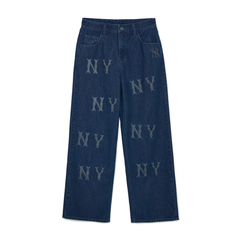 Quần Bò Denim Ống Rộng MLB Logo Thêu Màu Xanh