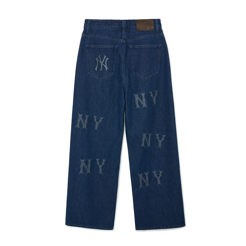Quần Bò Denim Ống Rộng MLB Logo Thêu Màu Xanh