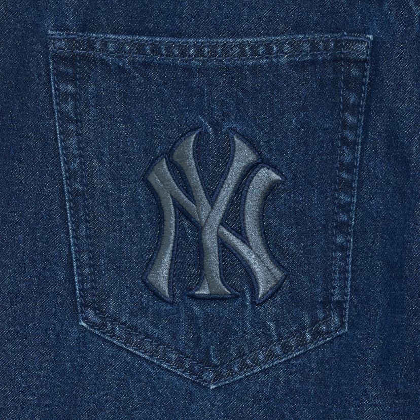 Quần Bò Denim Ống Rộng MLB Logo Thêu Màu Xanh