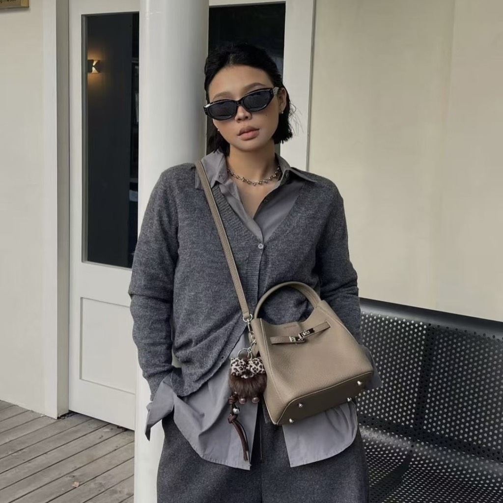 Túi Thiết Kế Hàn Mini Bucket Bag Da Bò Size 18cm Màu Be