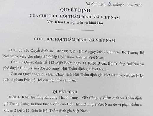 Hội Thẩm định giá Việt Nam quyết định khai trừ Hội viên cá nhân