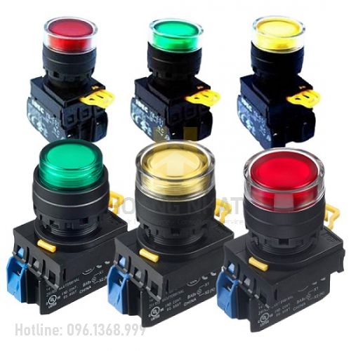 Nút nhấn có đèn loại phẳng YW1L-MF2E11QM3 (R,Y,G) size 22mm 1NO+1NC nhấn nhả 220V Idec