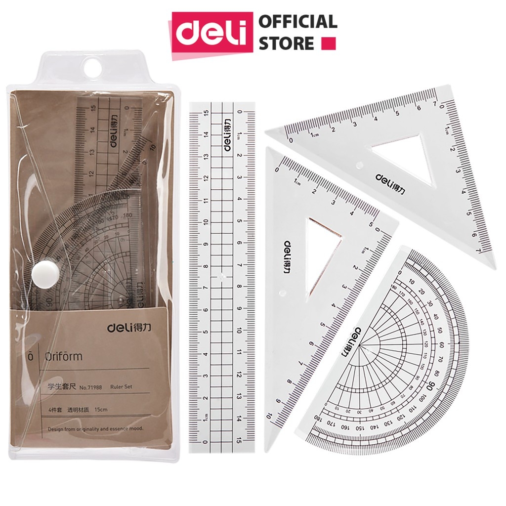 Bộ 4 dụng cụ Eke học sinh Deli, thước kẻ, thước đo độ, thước tam giác - 71988 (Hàng chính hãng)
