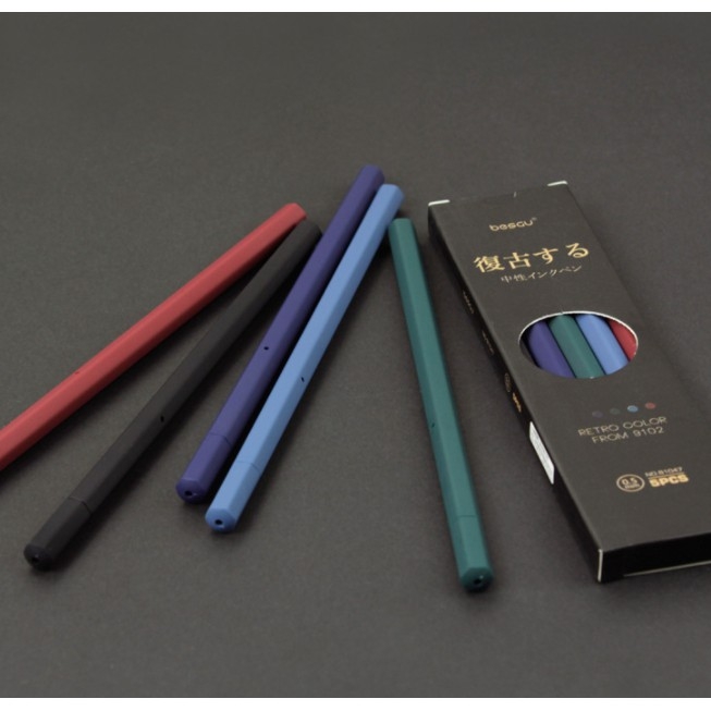 Bộ 5 bút bi gel BESGU cổ điển mực nhiều màu nắp kéo ngòi 0,5mm vỏ hộp đen.